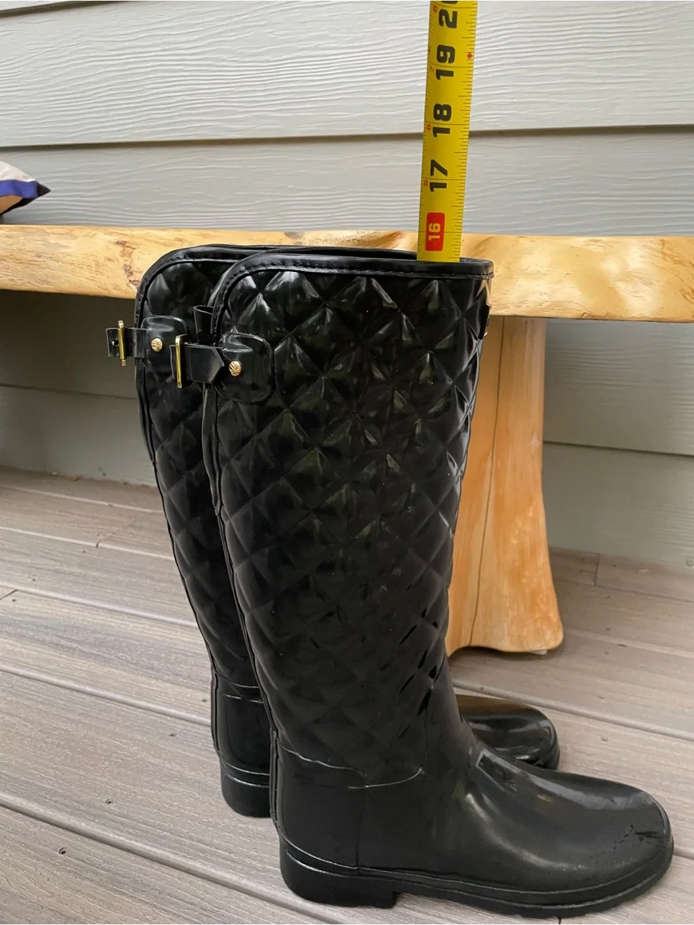 Hunter Quilted Black Knee-High Rain Boots with Gold Buckle